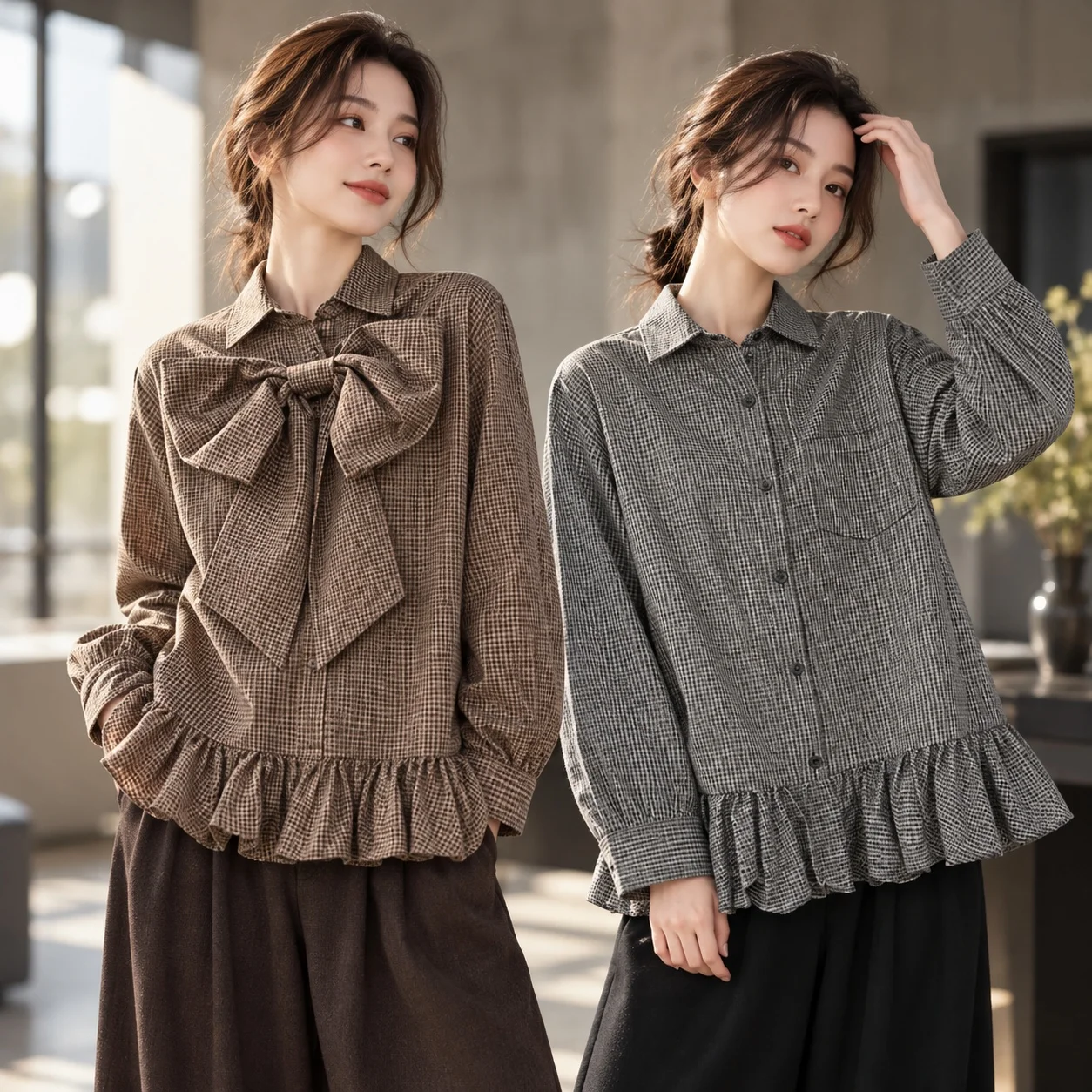 Ruffle Plaid Shirt Regular Length Elegant Commuter with Long Sleeve Checkered Pattern Shirt Collar Yarn Dyed Women Blouse