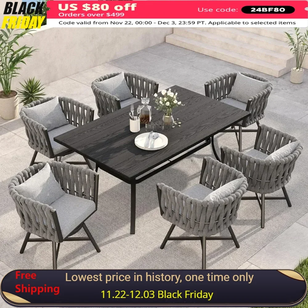 7-Piece Outdoor Dining Set, Swivel Rope Wicker Chairs & 1 Bent Legs Dining Faux Woodgrain Table ,Patio Dining Furniture Sets