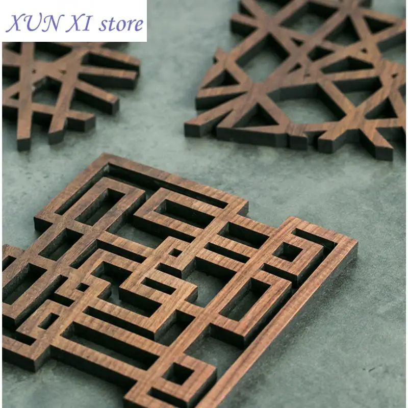 Insulation Pad Black Walnut Wood Coasters Laser Plate Table Placemat Vintage Chinese Classical Geometric Artistic Deco