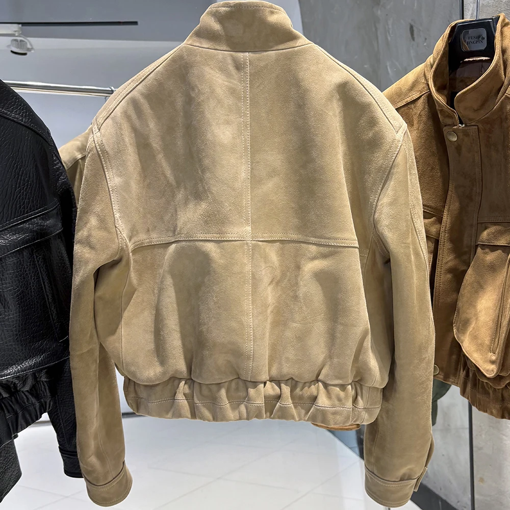 YOLOAgain 2026 Spring Short Suede Bomber Jacket Women Genuine Sheepskin Leather Jacket Ladies