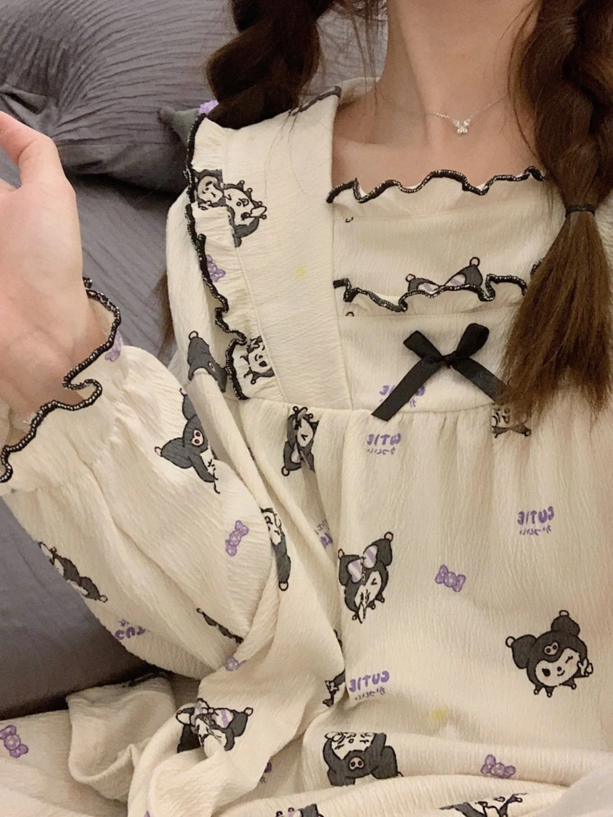 純綿パジャマ女性スタイル春秋カジュアルルーズかわいい黒子長袖ホーム服セット屋外でも着用可能 1