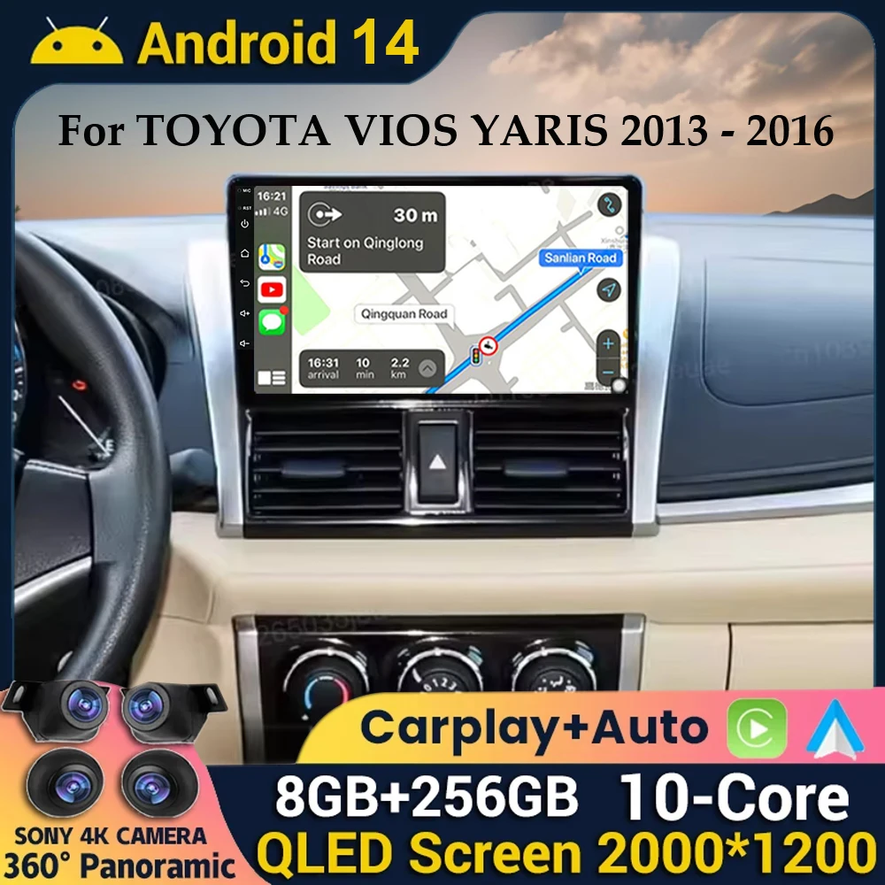 

Android 14 Carplay For Toyota Vios Yaris 2013 2014 2015 2016 Car Radio Multimedia Video Player GPS Navigation Stereo 360 Camera