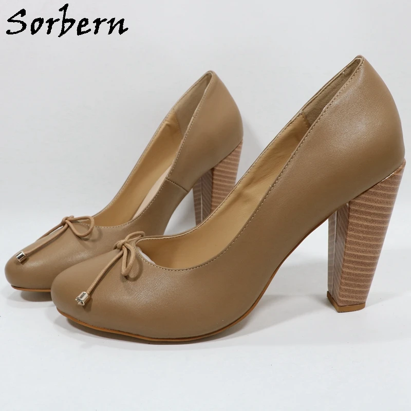 Sorbern Light Brown Women Pump Shoes Block High Heel Plus Size 46 47 48 Round Toe Bowknot Strings Slip On Chunky Heeled Custom