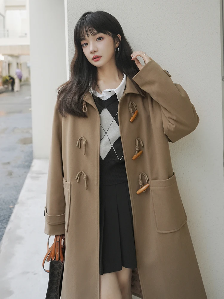 Autumn Winter Women Wool Coat England Style Lapel Collar Horn Buttons Loose Woolen Jackets Female Fashion Solid Outerwear