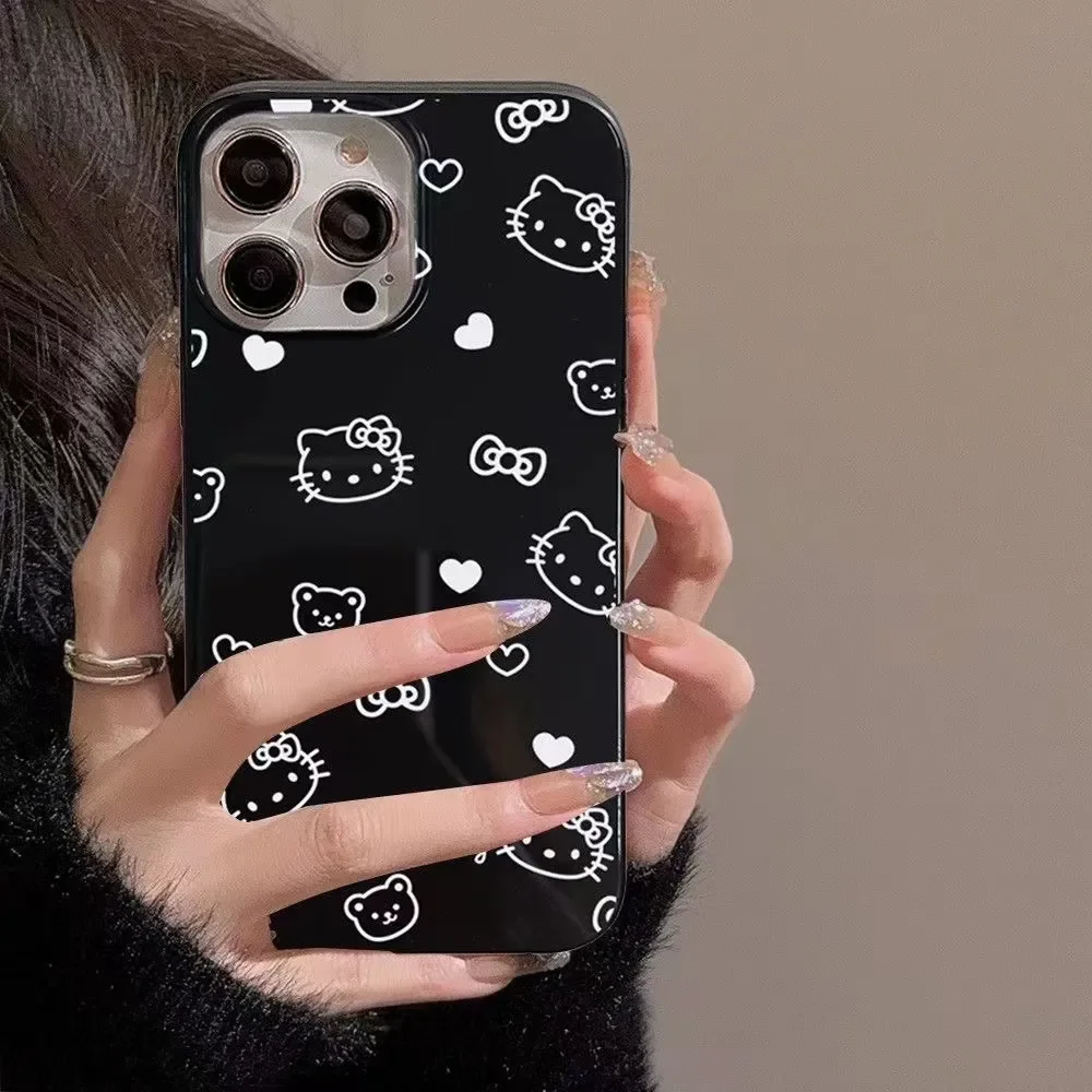 Ins Sanrio Hello Kitty For iphone 16 Pro Max 15 14 13 12 11 Xr Xs Max 7 8 PLUS Y2K Black And White Cartoon Anti Drop Phone Case