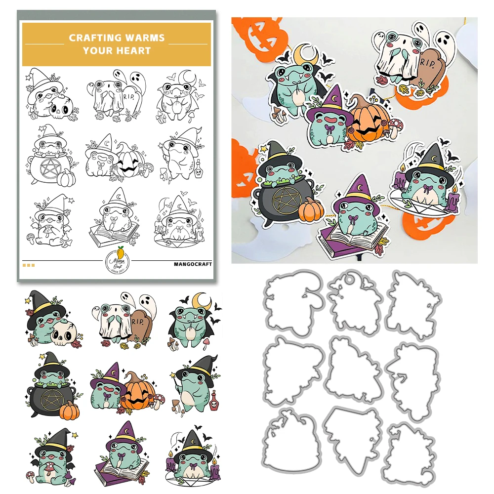 Mangocraft Cute Witch Frogs Halloween Metal Cutting Dies Clear Stamp DIY Scrapbooking Dies Silicone Stamps For Card Albums Decor