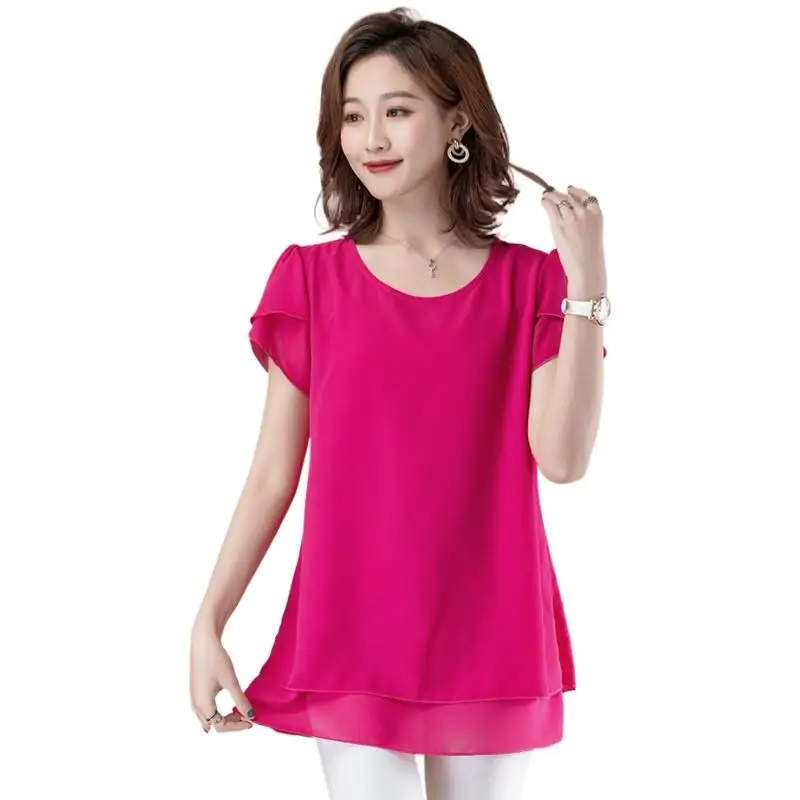 

Office Lady Summer Blouse Women Chiffon Work Slim Shirts O-Neck Short Sleeve Tops Shirt Two Layer Ruffles Blusas Plus Size Tops