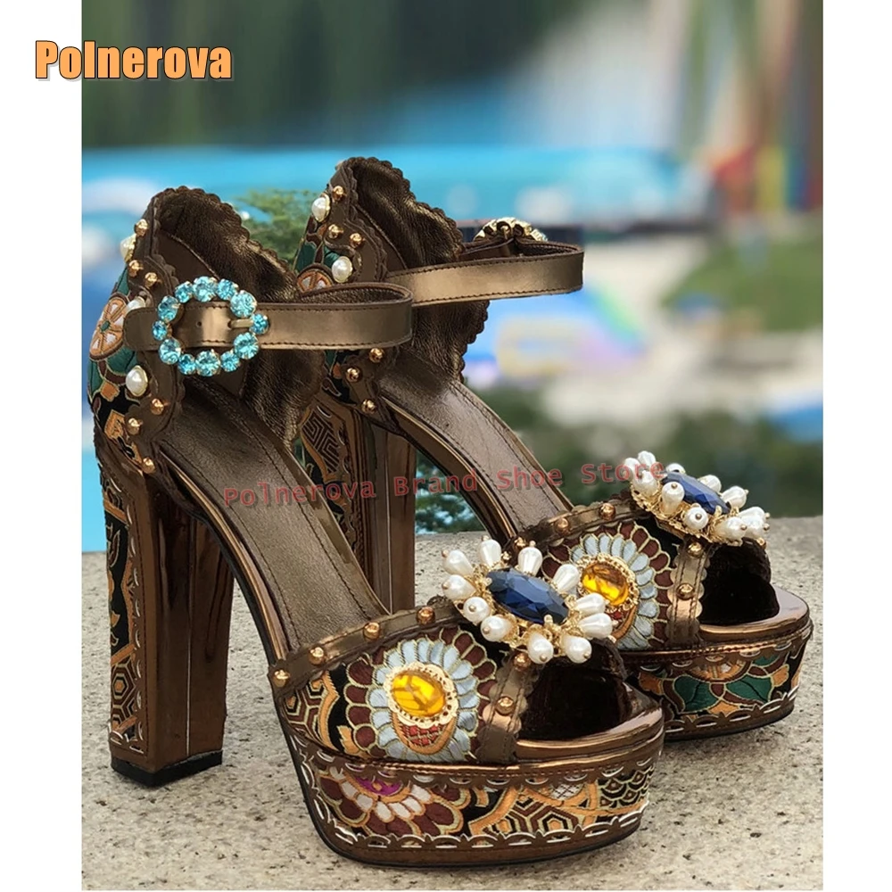 

Роскошные сандалии с драгоценными камнями и цветочной резьбой, женские сандалии в стиле ретро с открытым носком на блочном каблуке с воздушным принтом в стиле пэчворк, платье 2024, лето