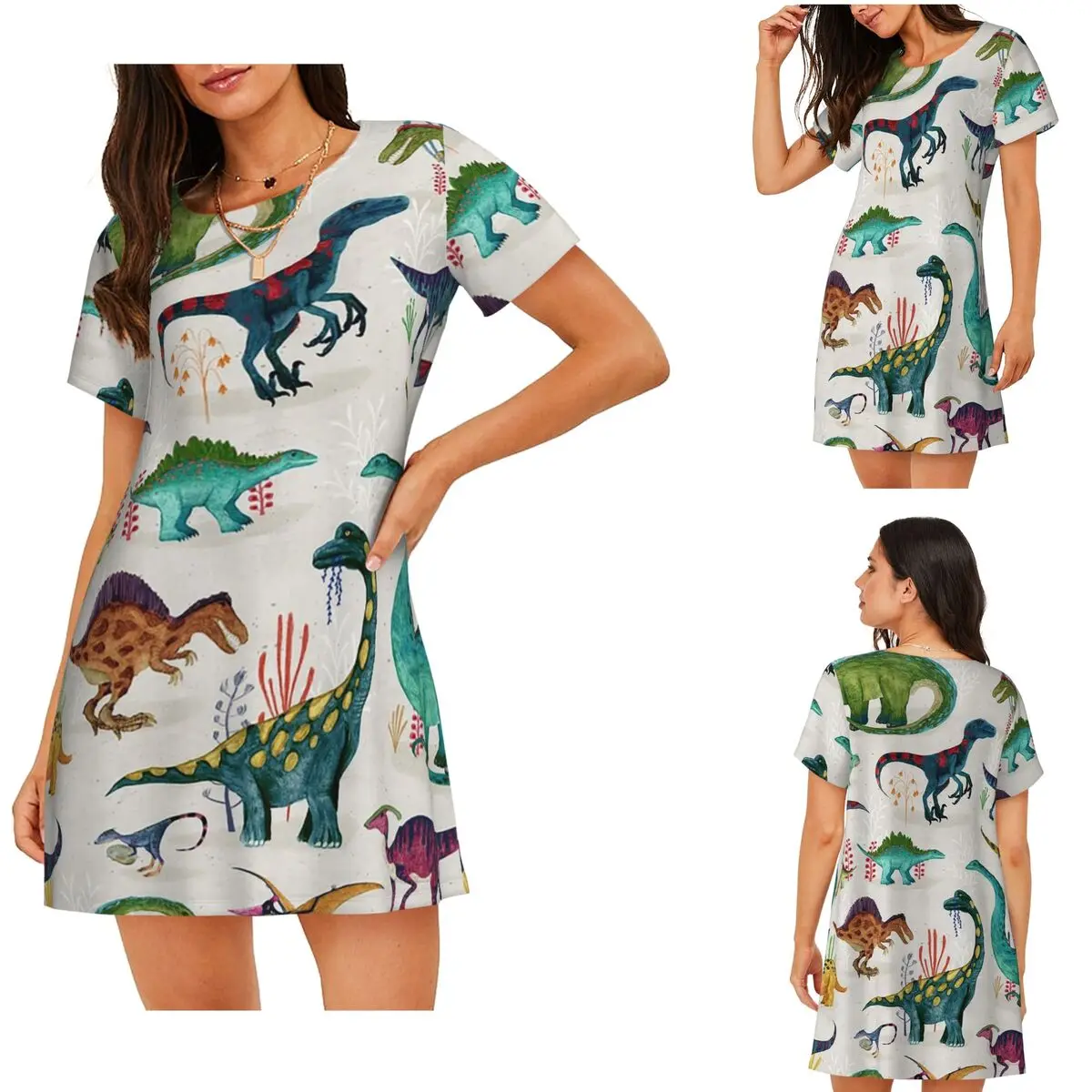 Custom Bright Dinosaurs Short Sleeves Nightdress For Sleeping Sleepshirts Women Short Sleeve Nightgowns Loose Pajama Dress