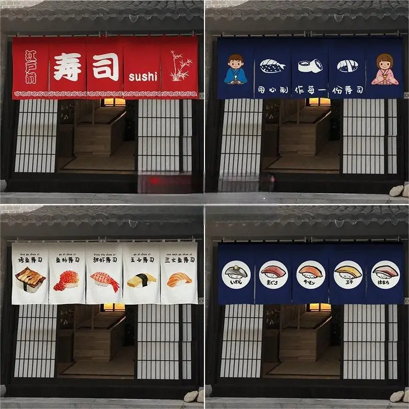 VIKAMA Sushi Food Theme Short Noren Banner Japanese Style Multi‑Panel Hanging Curtain for Food Shop Bar Counter Front Decoration