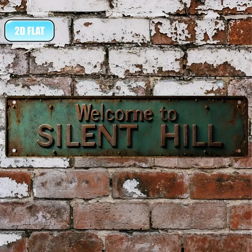 لافتة معدنية عتيقة "مرحبًا بكم في سايلنت هيل" - ديكور ألومنيوم أخضر ريفي، لوحة فنية جدارية داخلية وخارجية لمرآب البار #1