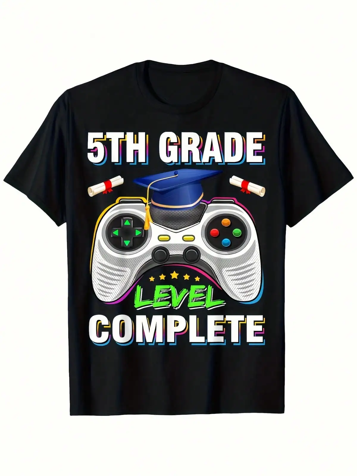 5th Grade Graduation 2025 Gaming T-Shirt - 5th Grade Level Complete Video Game Controller & Diploma Design Soft 180gsm Unisex Tee For & (Sizes S-XXXL) - 2025 Promotion Gift,Breathable And Comfortable Short-Sleeved Round-Neck Top, Suitable For All Seasons