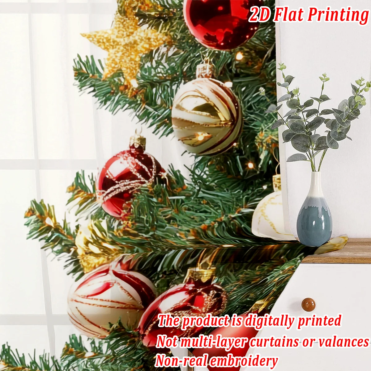 Christmas Flat Printing Sheer Curtain with Christmas Ball Star Pine Branch Ornament For Living Room Bedroom Decor Holiday Party