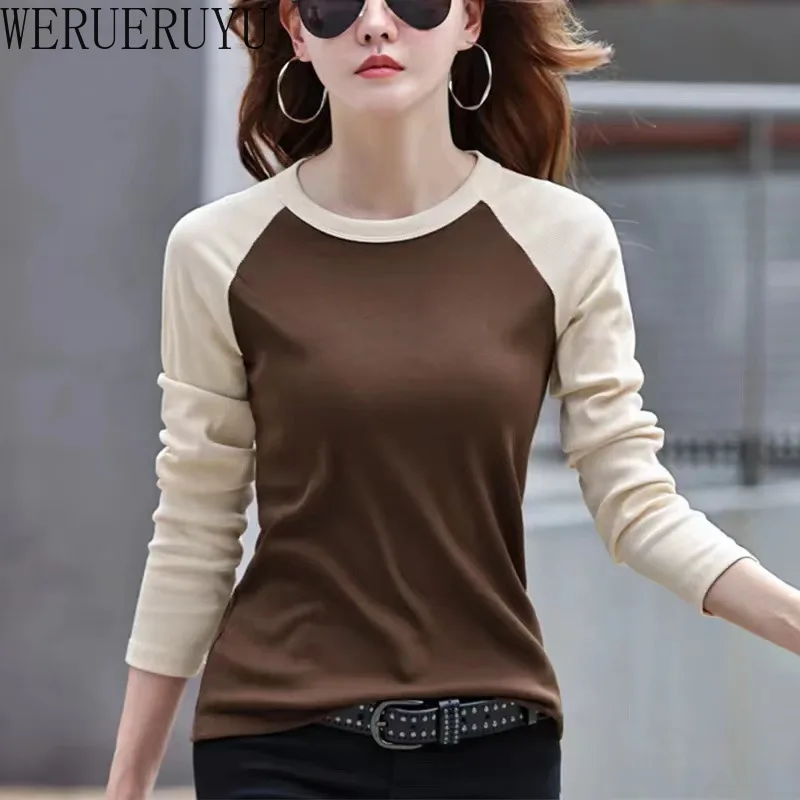 Long Sleeve T-shirt Womens Y2k Clothes Autumn Winter Harajuku Casual Tops Solid Color Stitching Elegant T-shirts for Women 2025