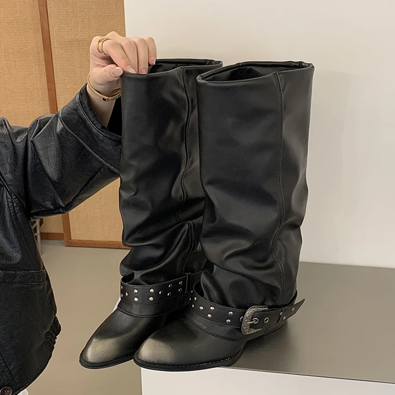 Eilyken New Fashion Pointed Toe Women Knee-High Boots Punk Design Style Splicing Belt Buckle Square Low Heels Shoes image 4