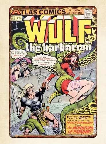 Ideas modernas para dormitorios, cartel de metal de aluminio con diseño de Wulf The Barbarian Atlas comic 1975
