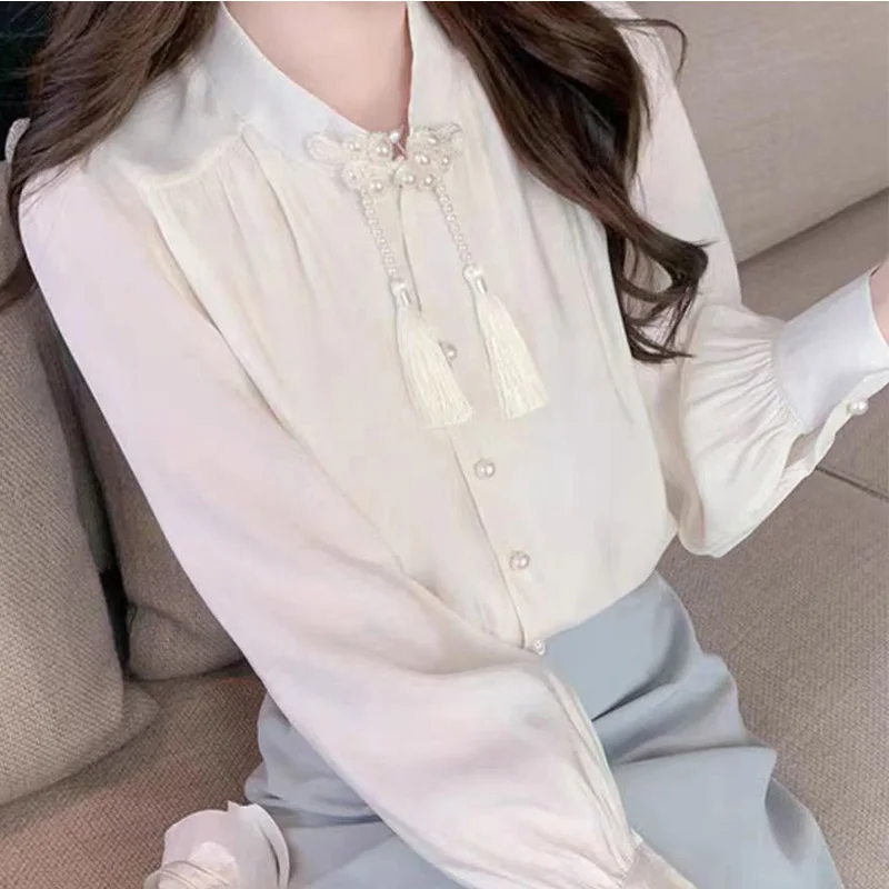 2024 New Summer Chinese Style Decorations Retro Loose Women's Shirt Office Lady Chiffon Button Turtleneck Long Sleeve Chic Tops