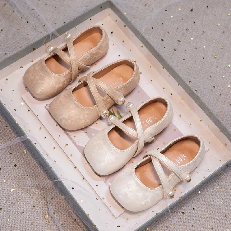 

Kids Cross Strap Leather Shoes for Girls 2025 New Summer Toddler Ballet Flats Elegant Princess Girls Party Wedding Shoe 4-6years