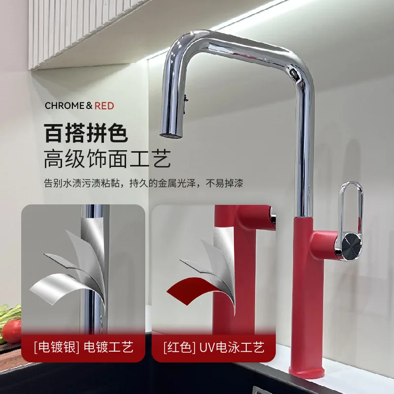 High-End All Brass Pull Out Kitchen Faucet, Telescopic Rotatable Hot Cold Anti-Splash Tap for Household Sink & Dishwasher