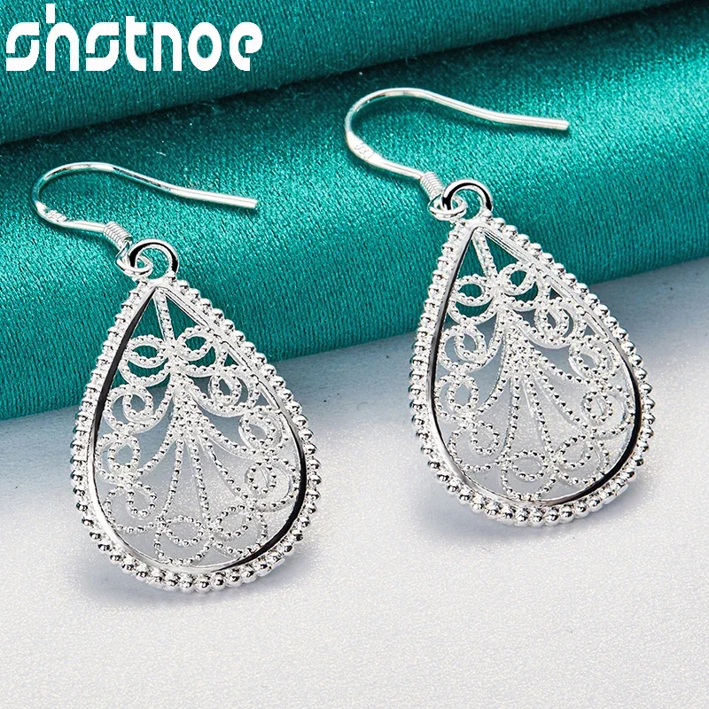 SHSTONE 925 Sterling Silver Water Droplet Pattern Drop Earrings For Women Party Birthday Engagement Wedding Trendy Charm Jewelry