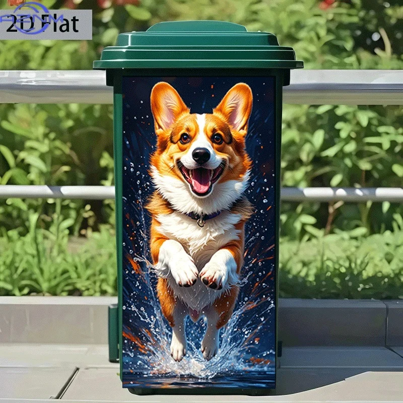 2D Flat Printing 1pc Trash Can Sticker  Corgi Surfing Theme Design Self-Adhesive Wall Decal Wallpaper Kitchen Trash Can Decora