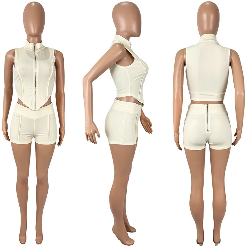 ソリッドジッパーパーティー クラブ ツーピースセット レディース ノースリーブ ターン ダウンカラー ベスト クロップトップとショートパンツ カジュアル スウェットスーツ ワークアウトセット