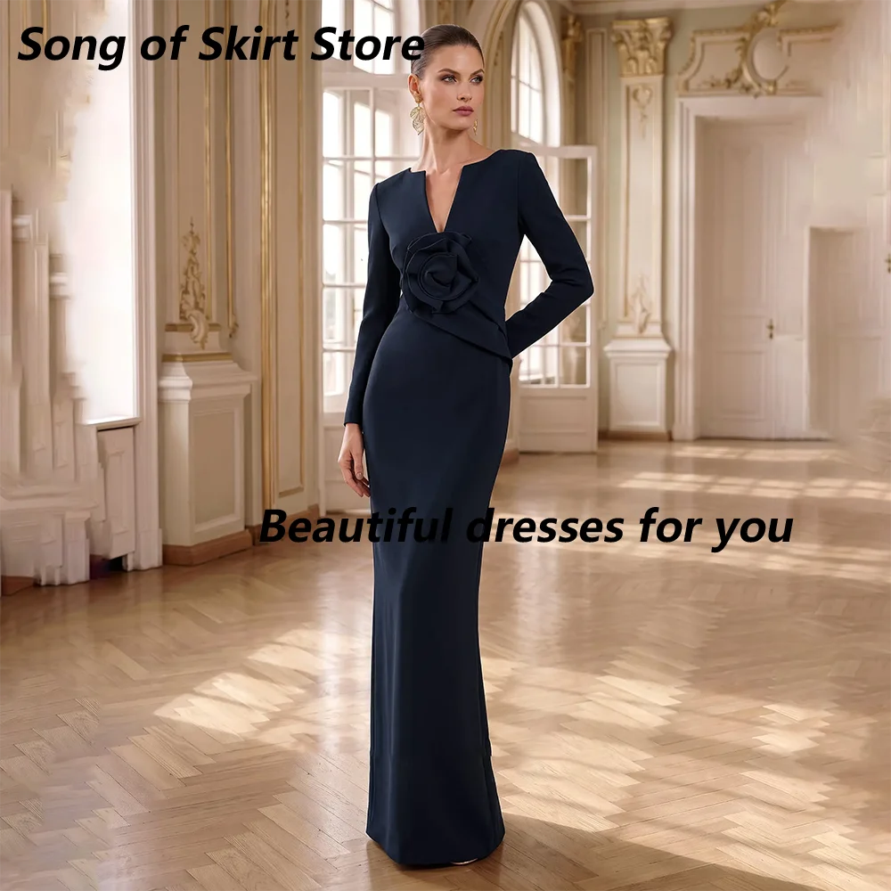 Elegant Mermaid Long Mother of The Bride Dresses Women Navy Blue Long Sleeve V-Neck Flower Formal Evening Gown Customized