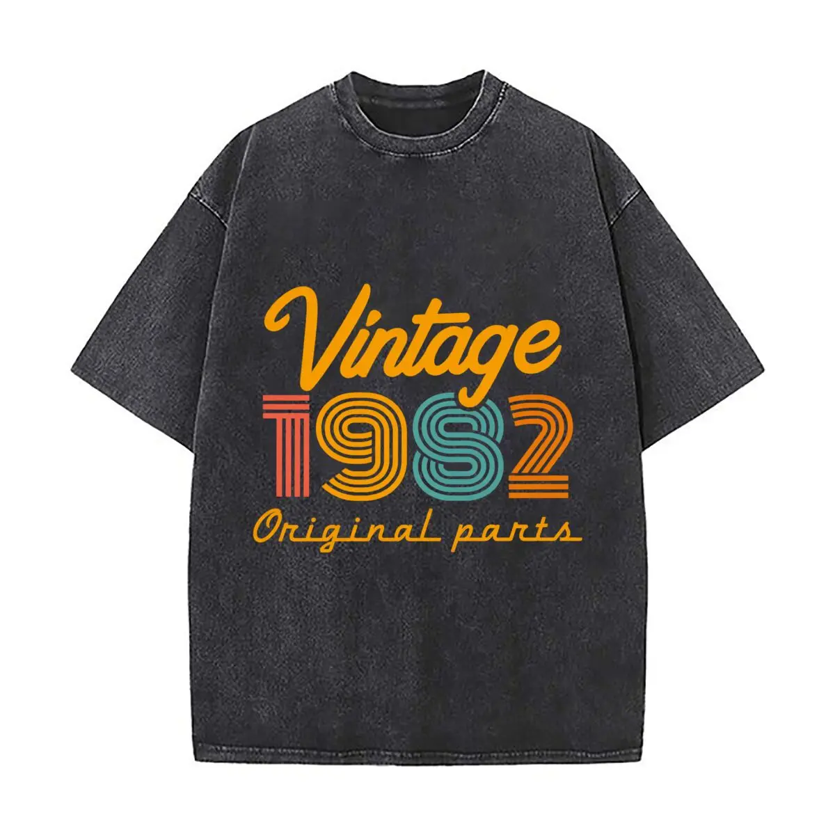 Vintage 1982 Original Parts Retro Typography Graphic Washed Short Sleeve Loose Streetwear Tee Hip Hop