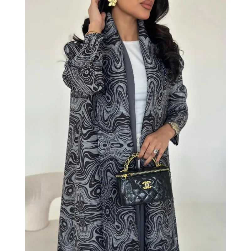 KAF Women Abaya Retro Printing Original Design Lapel Long-sleeved Cardigan Tie Loose Large Size Female Luxury Abaya