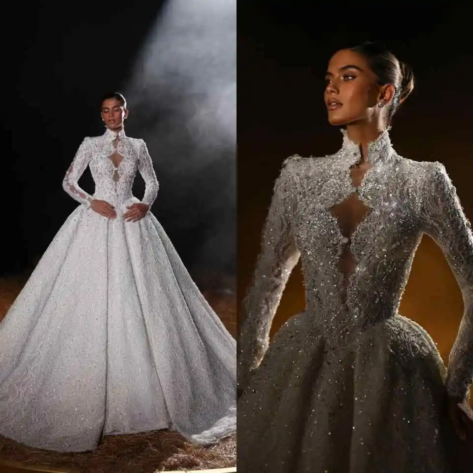 

Luxury Ball Gown Wedding Dresses Shiny Pearl Full Sleeve Zipper Bridal Gown Cathedral Train Vestido De Noiva Customized
