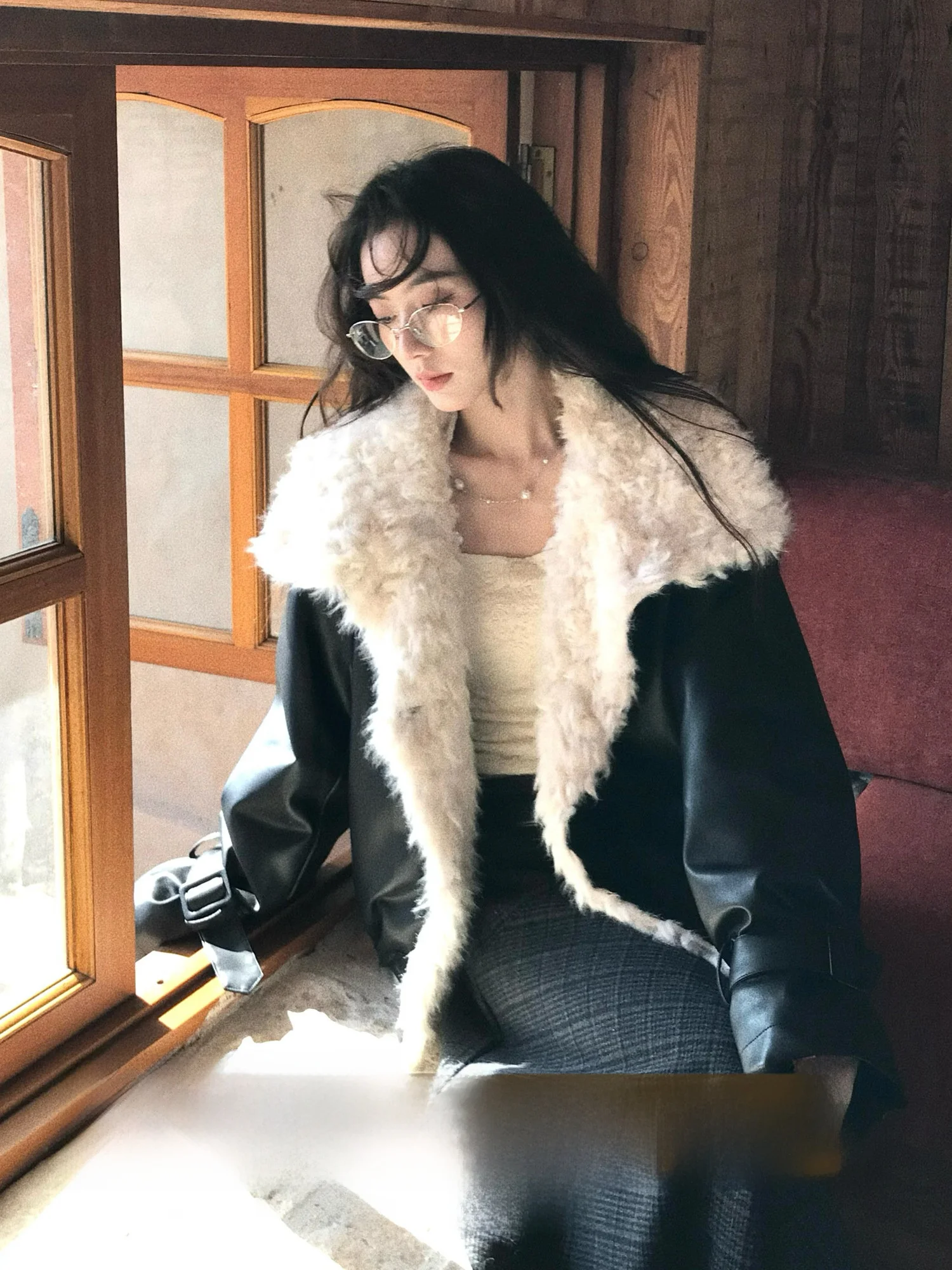 

Экологичная женская парка из овечьей шерсти с большим воротником, в стиле колор-блок, корейский дизайн, прямой крой, утепленная, с длинными рукавами