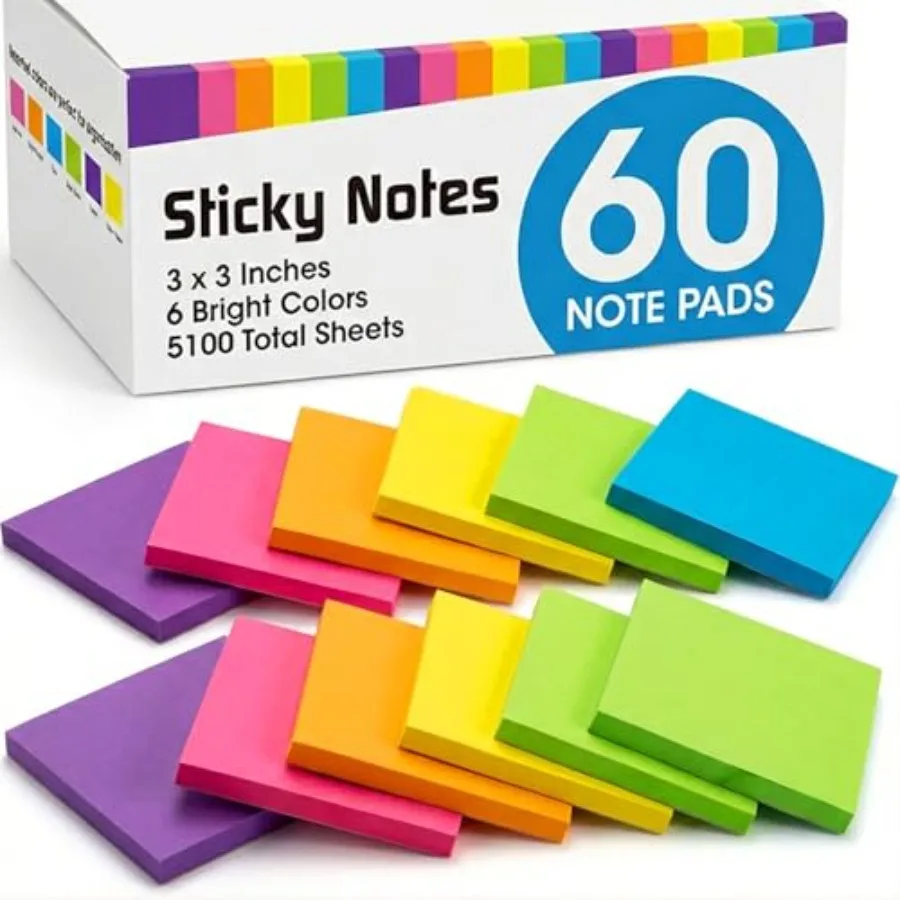 

Sticky Notes Bulk 3 x 3 in, 60 Pads Adhesive Paper Memo, 85 Sheets/Pad, 6 Bright Colors, Self-Stick Notes, Easy to Post for Hom
