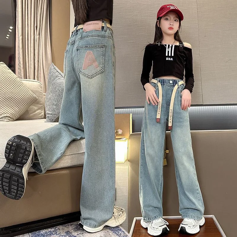 

Girls' Fashion Jeans 2025 Spring&Autumn New Children's Back Pocket Letter Printed Denim Pants Kids' Loose Wide Leg Pants