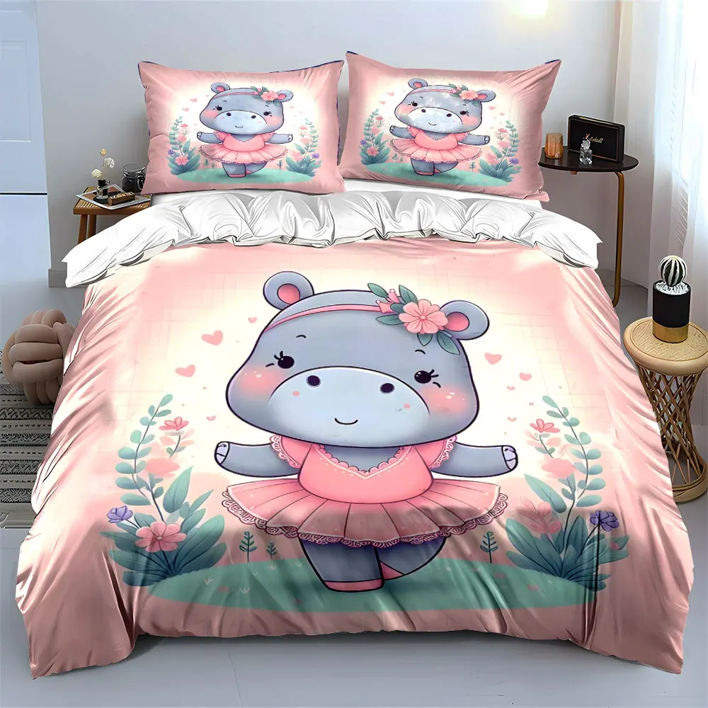 Cute hippo in pink dress strolling Duvet Cover Set with 3D Printing Design Soft Polyester Bedding Set All-Season Comfort