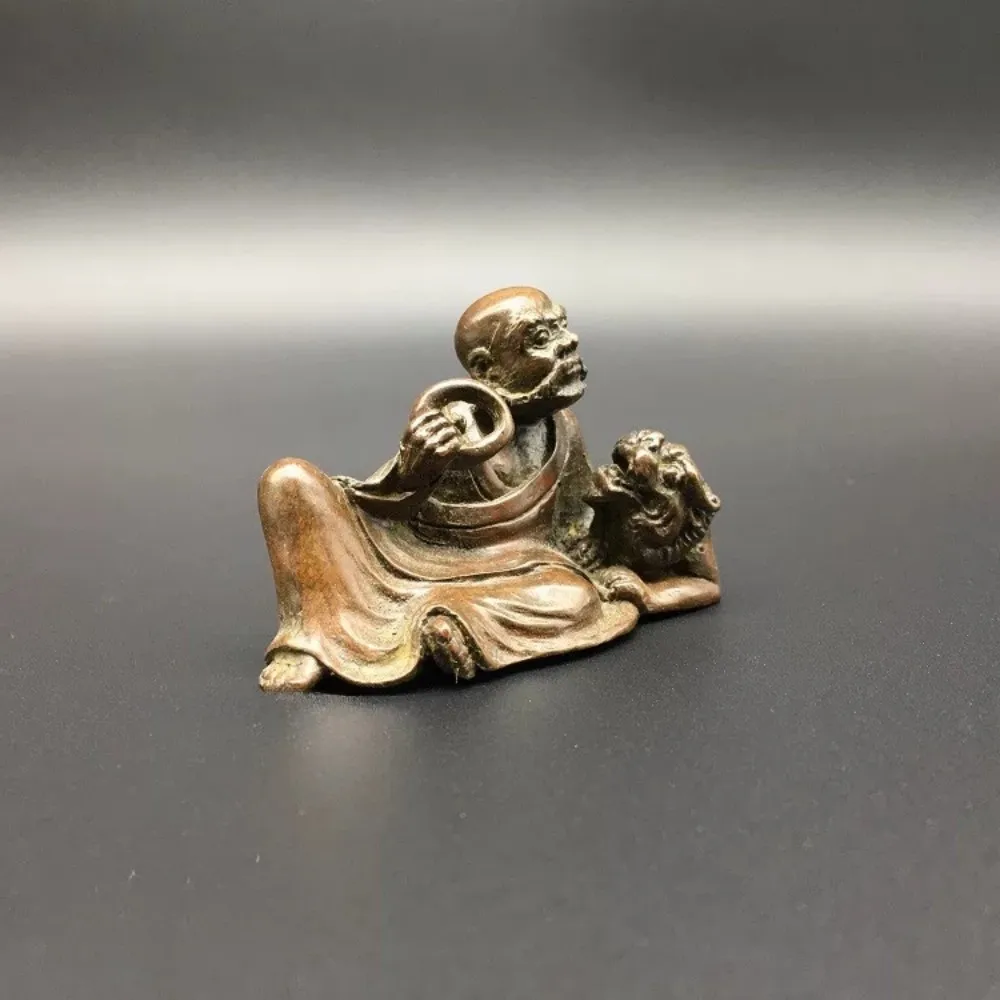 Vintage Patina Solid Brass Lion-Playing Arhat Statue Tea Pet Zen Monk Figurine Home Desk Altar Collection Gift