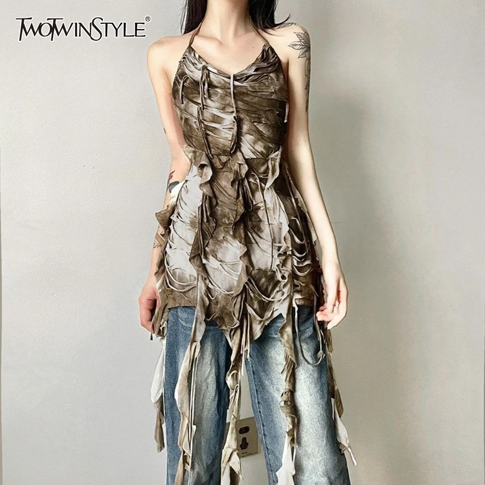 

TWOTWINSTYLE Hit Color Designer Irregular Dresses for Women Square Neck Sleeveless High Wist Temperament Dress Female