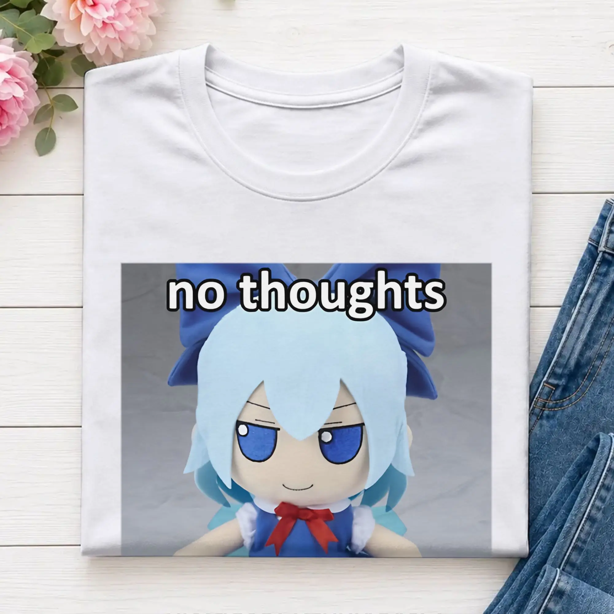 No Thoughts Head Empty Cirno  T Shirt Summer Touhou Project Pure Cotton T Shirts For Men Hippie Tshirt Short Sleeves Retro Tops