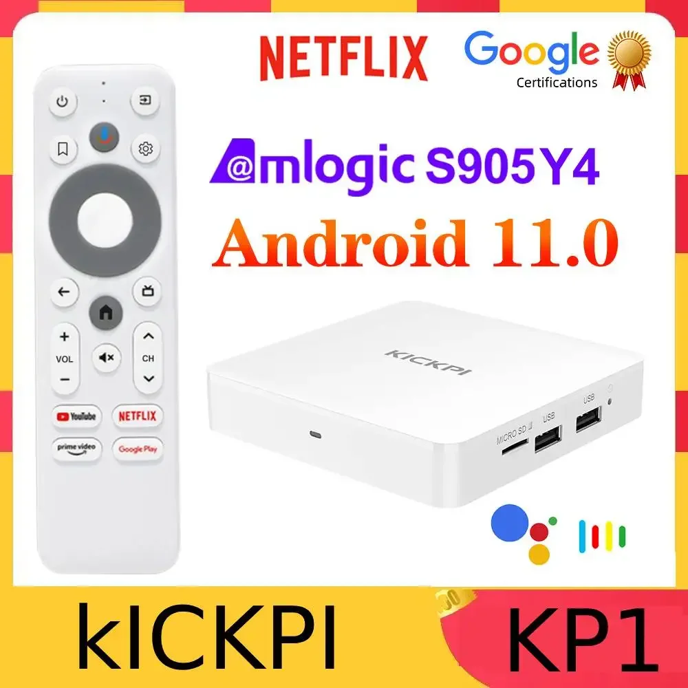 구글 넷플릭스 TV 박스, 안드로이드 11, Amlogic S905Y4 미디어 플레이어, 4K 셋톱 박스, 안드로이드 11.0 KICKPI KP1 2G32G AV1 2.4G 및 5G 와이파이 BT5.0