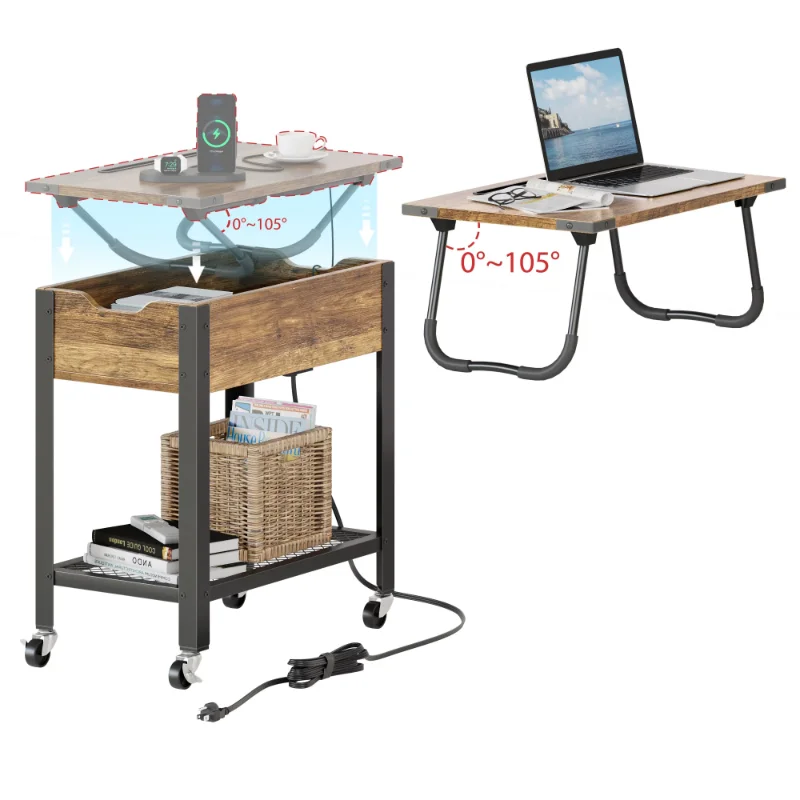 Flip Top End Table with Shelf,Movable Laptop Desk, Charging Stations & Wheels,  Weathered Rustic Oak