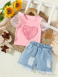 Summer Fashion Baby Girls Sleeveless Top With HEART +Denim Shorts Suit For Active