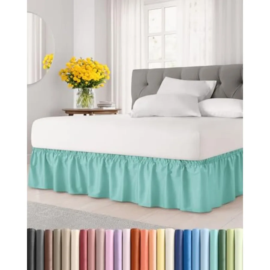 

Wrap Around Dust Ruffle Bed Skirt Spa Blue for King Size Beds with Inch Drop Easy Fit Elastic Strap Adjustable Pleated Bedskirt