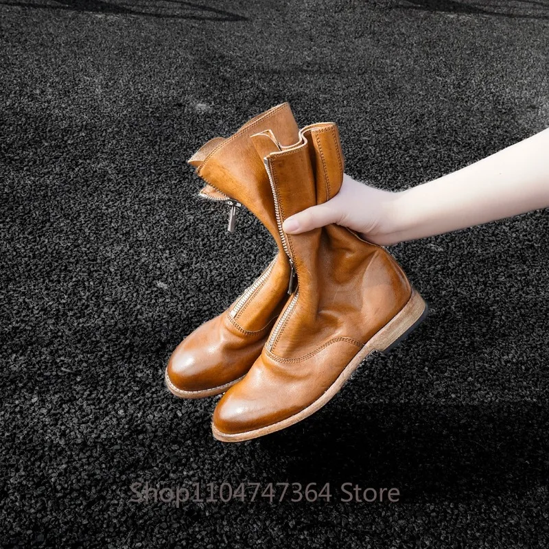 British Genuine Leather Mid-Calf Women's Boots Casual Outdoor Fashion Front Zipper High Top Chelsea Cowhide Boots Lady Shoes