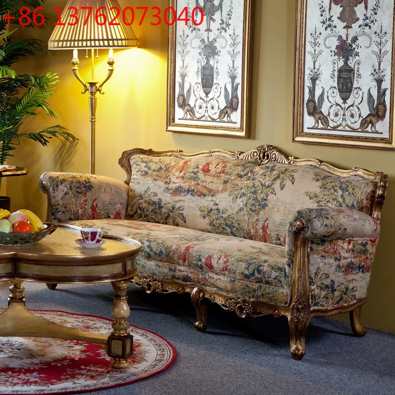 French solid wood birch sticker gold foil engraved apricot landscape lady double sofa