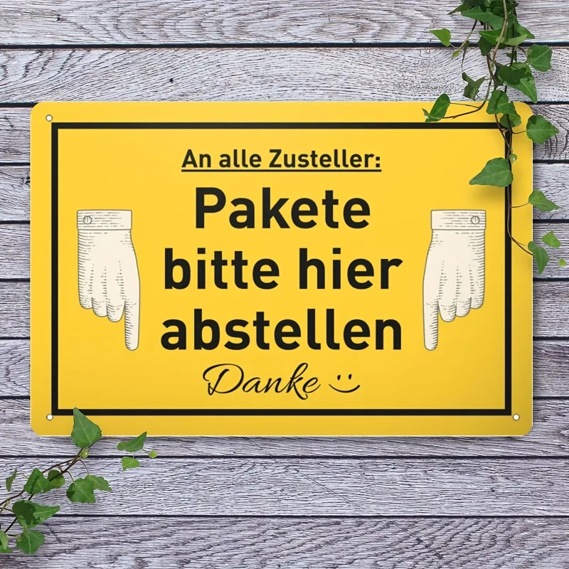 Vintage German Text Package Delivery Reminder Metal Sign Retro Yellow Parcel Drop Off Notice Wall Plaque Home Front Door Wall