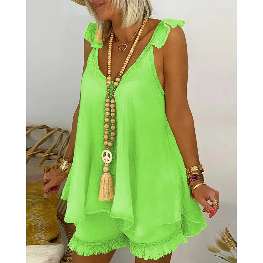 Dames Mouwloos Flowy Top & Kwast Design Shorts Set Dames V-Hals Effen 2 Delige Casual Losse Zomer 2024 Outfits Kleding