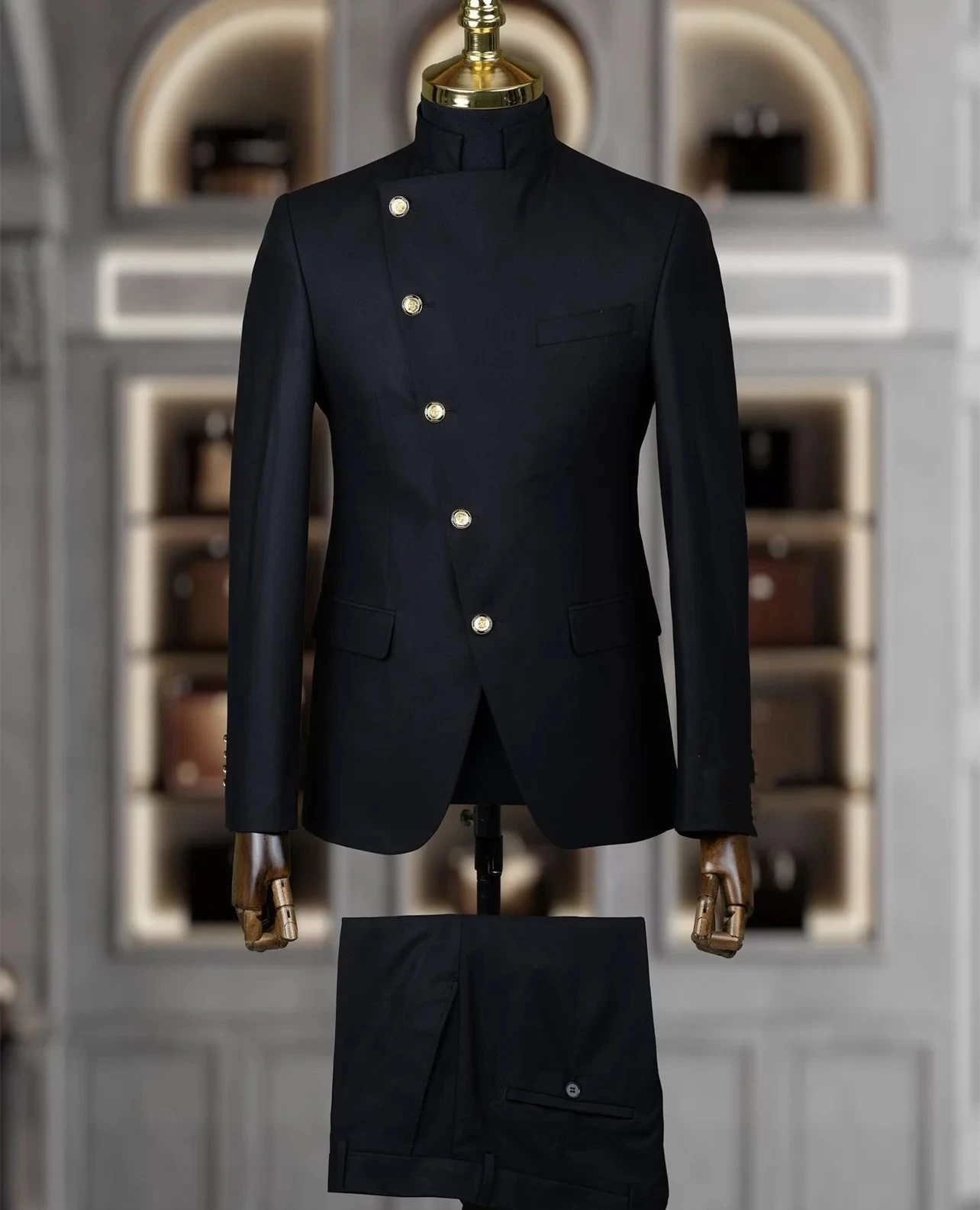 2026 Men's 2 Piece Slim Fit Formal Suit Blazer Set East Style Indian Middle Stand-Up Collar Slant-Breasted Wedding Blouse