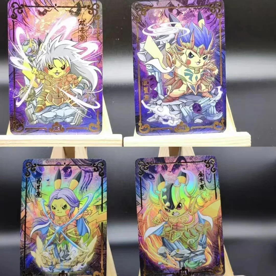 12Pcs/set PTCG Pokemon DIY Card Cosplay Costume Play Pikachu Warrior Gold Stamp Color Flash Anime Collection Card Toy Gift