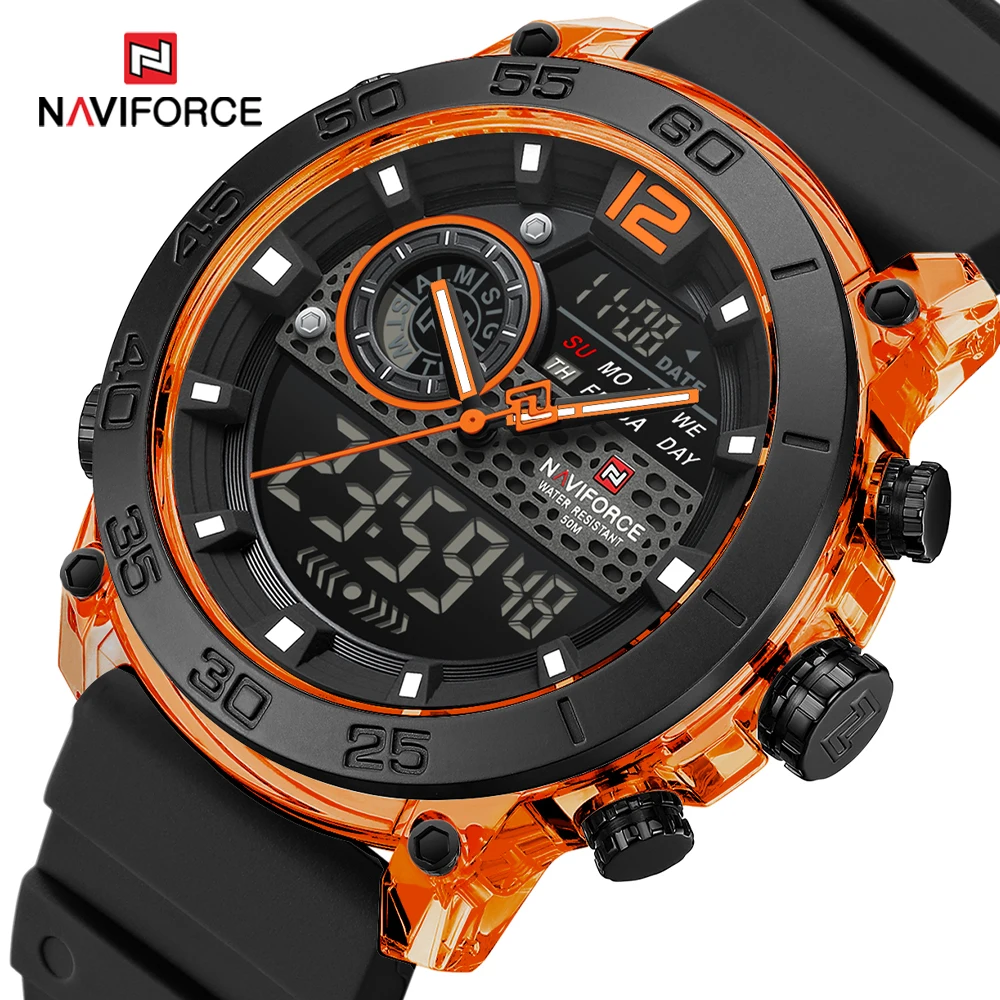 NAVIFORCE Top Brand Men Wrist Watch Green Leather Band High Quality Quartz Watches Sports Waterproof Digital Multifunction Clock