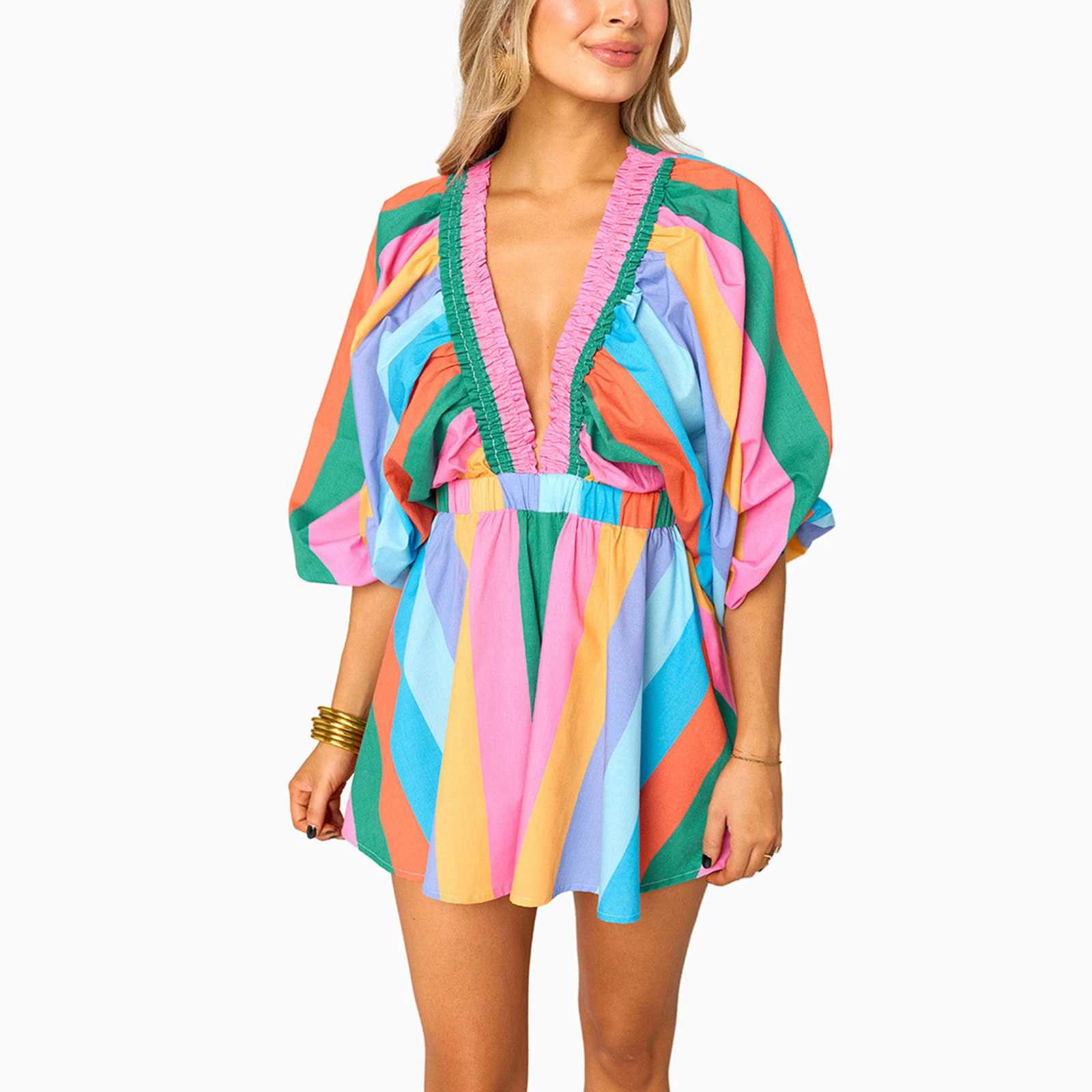 

Women Summer Boho Playsuit Short Tee Romper Deep V Neck Long Puff Sleeve Stripe Floral Oversized Jumpsuit Overalls