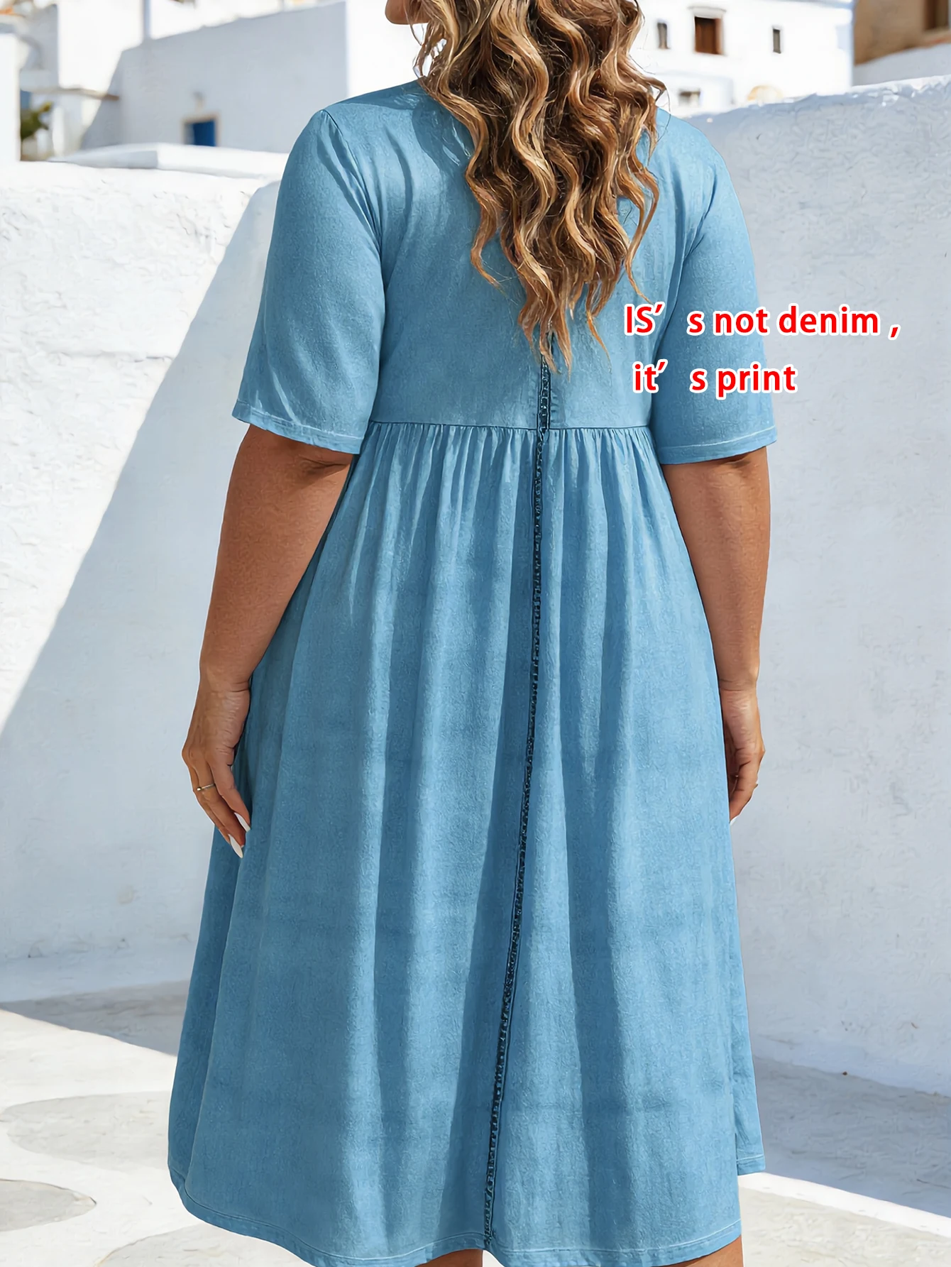 Plus Size Midikleid mit Faux-Denim-Print und halben Ärmeln, lässiges Sommerkleid mit Rundhalsausschnitt und Seitentaschen, Sommerkleid für den Alltag und den Urlaub – Detail 3